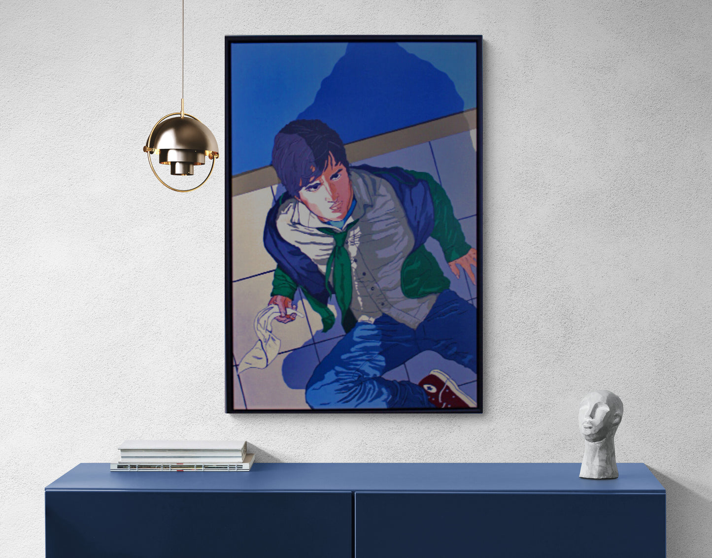 NO WHITE FLAG Comic‑book‑style painting of a young man falling as an unseen assailant’s shadow looms. Bold colour, graphic lines and dramatic tension. Synthetic polymer on canvas, framed in a black floating frame. From the Dean Crozier Gallery.