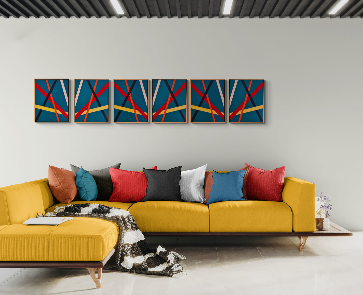 TEAL Bold geometric abstraction by Australian artist Dean Crozier. Six modular teal‑based canvases with intersecting colour bands create a dynamic, reconfigurable artwork suited to both expansive walls and compact spaces.