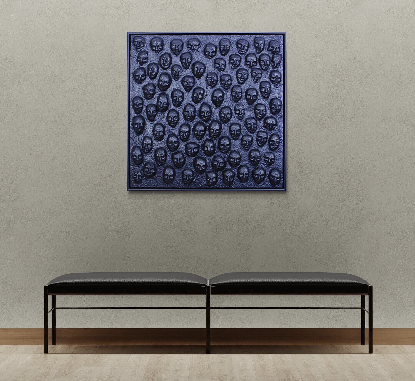 LET THE MOURNERS COME An all‑black canvas filled with sewn, faceless forms, LET THE MOURNERS COME evokes a quiet crowd of unseen mourners. A powerful mixed‑media work from the FUNERAL BLUES series exploring grief and collective presence.