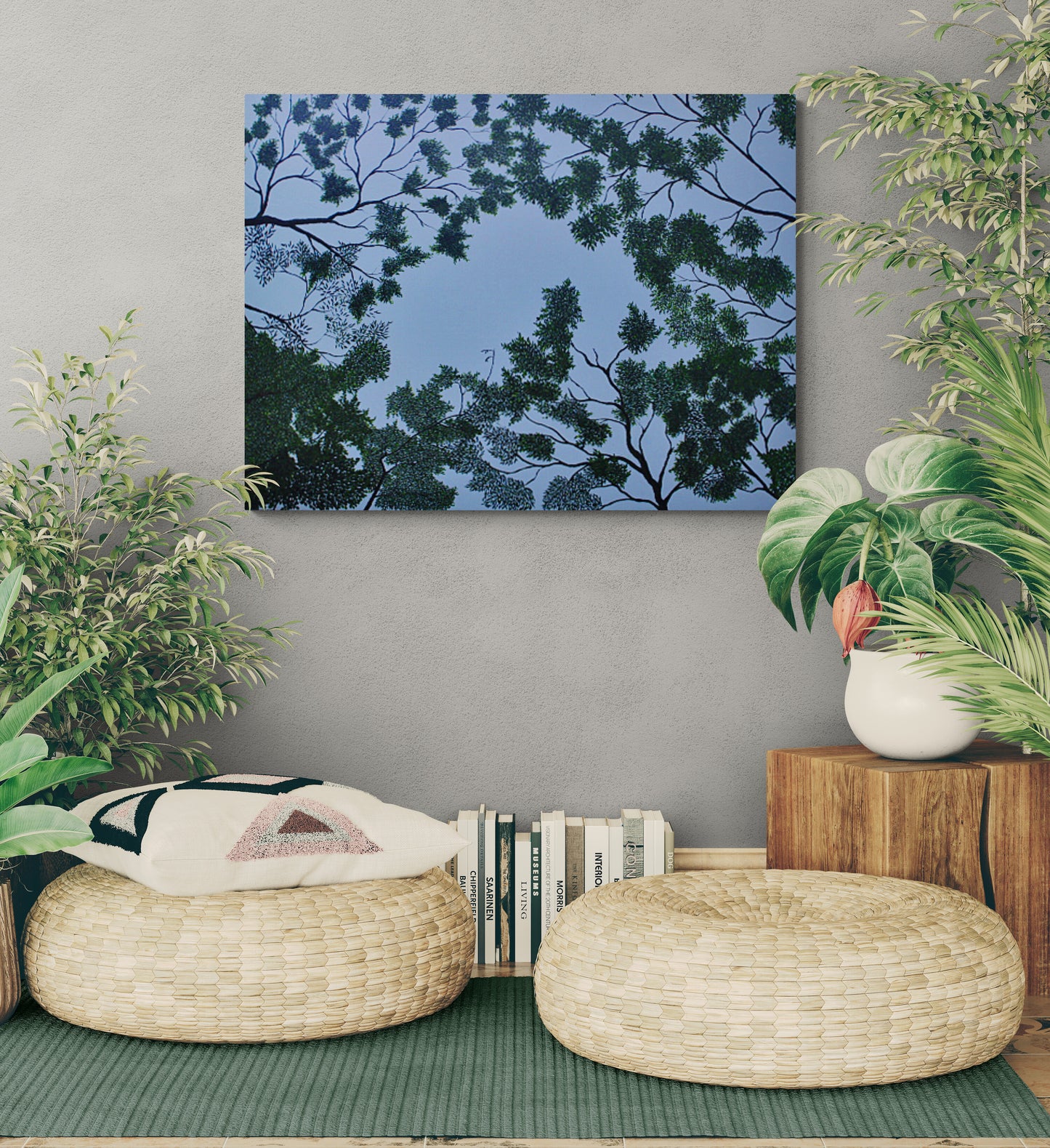 CANOPY A calm sky‑blue abstract with branches and individually painted leaves forming a gentle canopy. A serene contemporary artwork evoking the quiet of lying on cool grass beneath rustling trees. Perfect for natural, tranquil interiors.