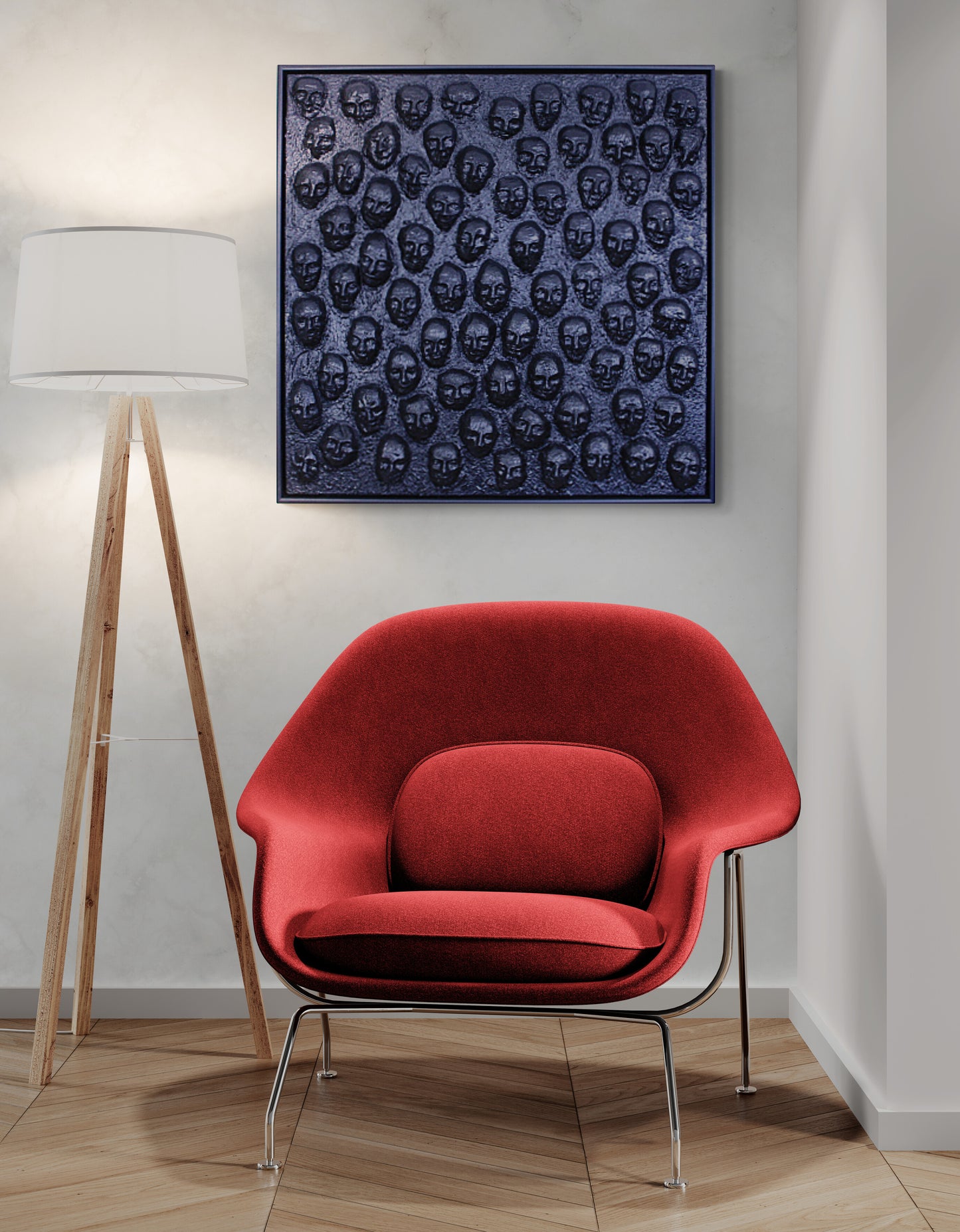 LET THE MOURNERS COME An all‑black canvas filled with sewn, faceless forms, LET THE MOURNERS COME evokes a quiet crowd of unseen mourners. A powerful mixed‑media work from the FUNERAL BLUES series exploring grief and collective presence.