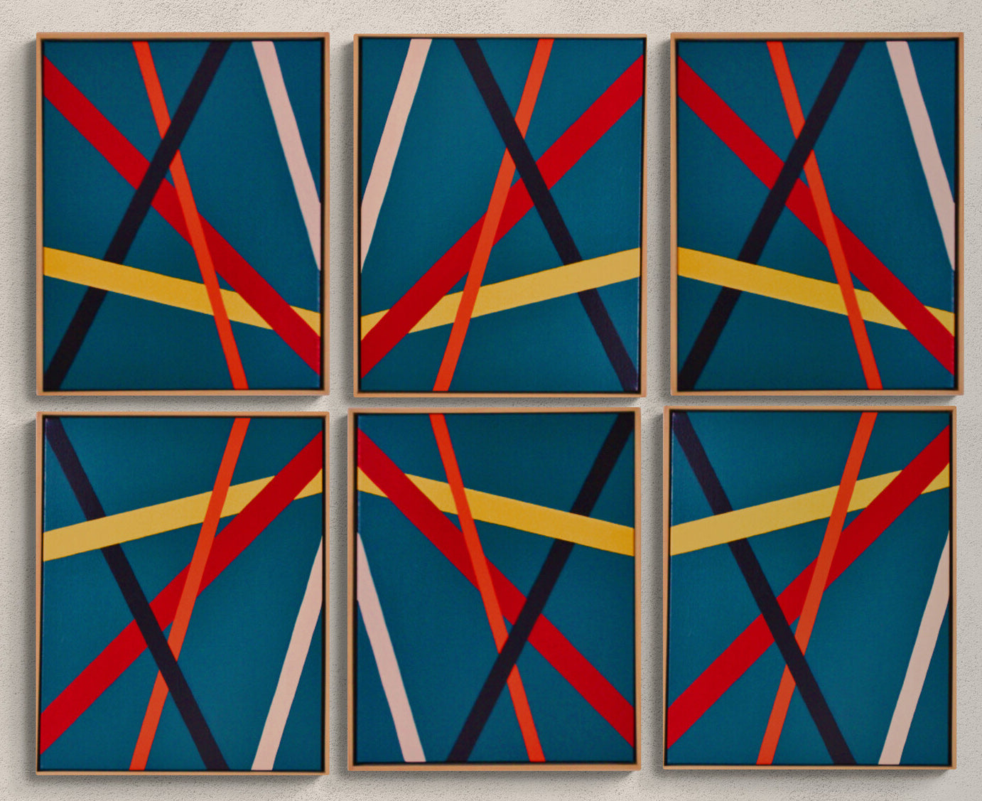 TEAL Bold geometric abstraction by Australian artist Dean Crozier. Six modular teal‑based canvases with intersecting colour bands create a dynamic, reconfigurable artwork suited to both expansive walls and compact spaces.