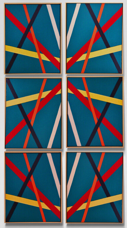 TEAL Bold geometric abstraction by Australian artist Dean Crozier. Six modular teal‑based canvases with intersecting colour bands create a dynamic, reconfigurable artwork suited to both expansive walls and compact spaces.