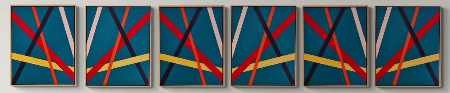 TEAL Bold geometric abstraction by Australian artist Dean Crozier. Six modular teal‑based canvases with intersecting colour bands create a dynamic, reconfigurable artwork suited to both expansive walls and compact spaces.